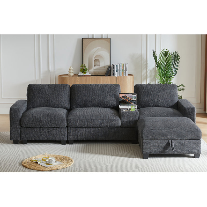Canapé-lit modulaire moderne en L avec repose-pieds avec rangement | Canapé-lit en tissu chenille avec chargement USB pour les petits espaces