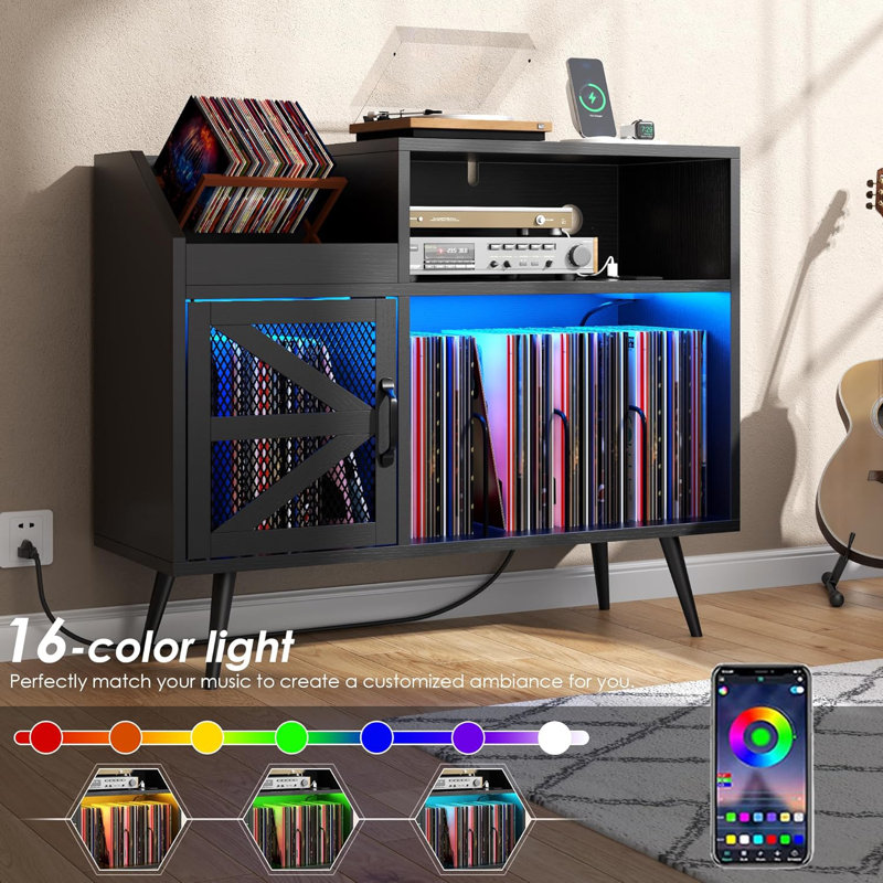 Record Player Stand Holds Up To 350 Albums, Turntable Stand With LED Light, Records Storage Cabinet With Power Outlet, Mid-Century Record Player Table, Vinyl Holder Storage Shelf For Home Office