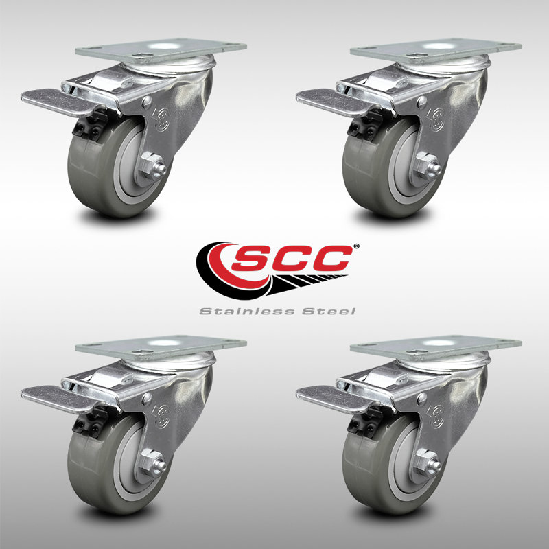 3 Inch SS Grey Polyurethane Top Plate Caster Set Total Lock Brake SCC