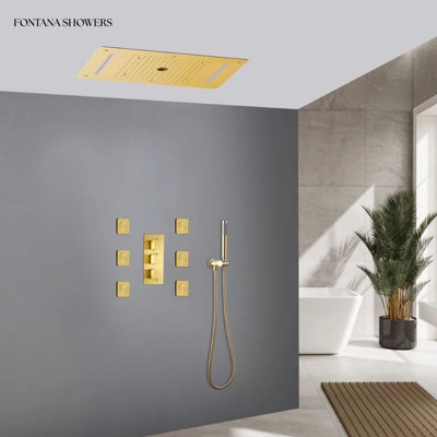 Varese LED Brushed Gold Thermostatic Shower System with Handheld Spray and Jetted Body Sprays