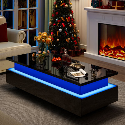 Modern Led Lift Top Coffee Table With Storage Drawer And Hidden Compartment High Gloss Center Table