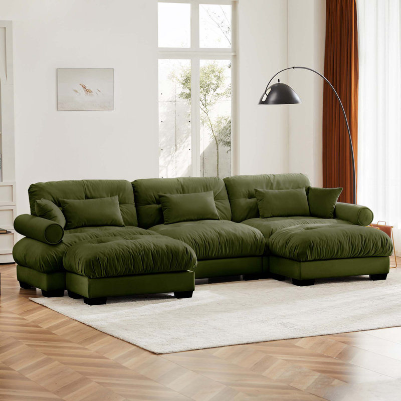 Canapé modulaire à assise profonde en U avec 2 repose-pieds mobiles, Velours vert olive