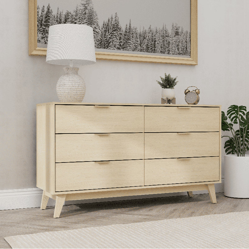 Commode à 6 tiroirs Milan avec un large design de 57 po et un style Mid-Century moderne, Blond Oak