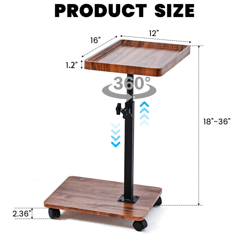 C Table End Table Adjustable Height,C Shaped End For Couch,Snack Tables,360°Swivel TV Tray Sofa Table,Tables That Slide Under,Coffee Sidetable, Walnut Color
