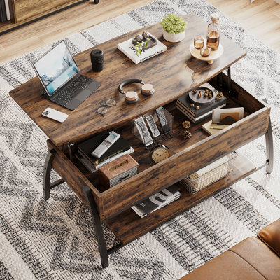 Table basse à plateau relevable en bois manufacturé avec base en acier Buser