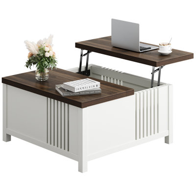 Farmhouse Lift Top Coffee Table With Storage, 35" Square Large Coffee Table With Hidden Compartment, Rustic Wood Center Table For Living Room, White
