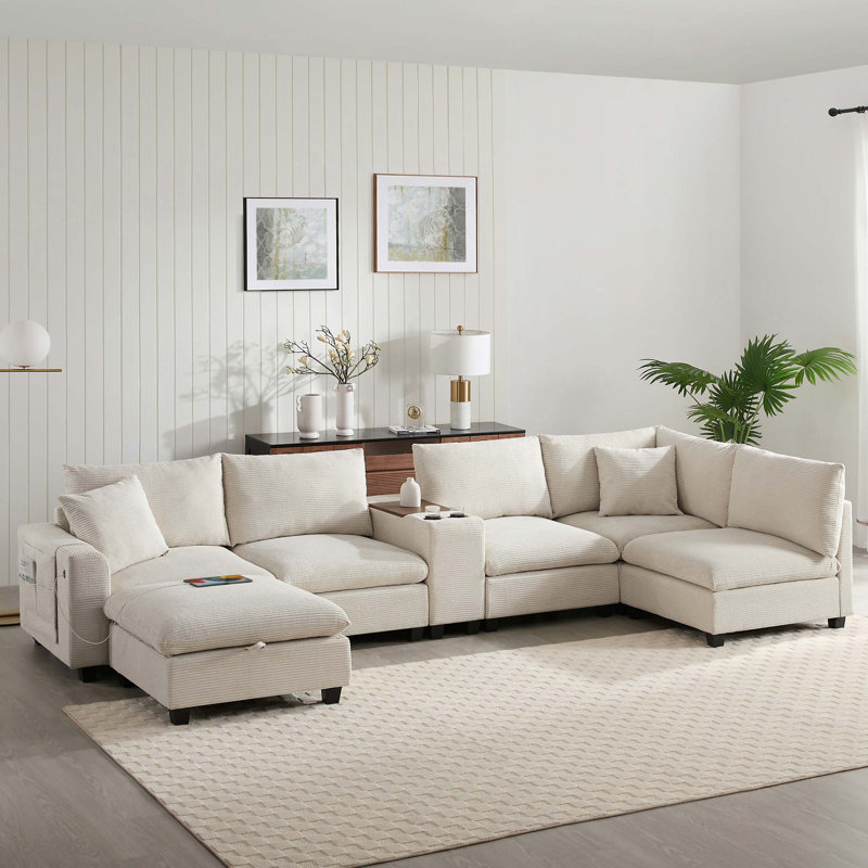 Canapé modulaire surdimensionné de 140 po avec repose-pieds et console amovibles, poches de rangement amovibles, porte-gobelet, siège large, chargeur USB, canapé en velours côtelé en forme de U à 6 places