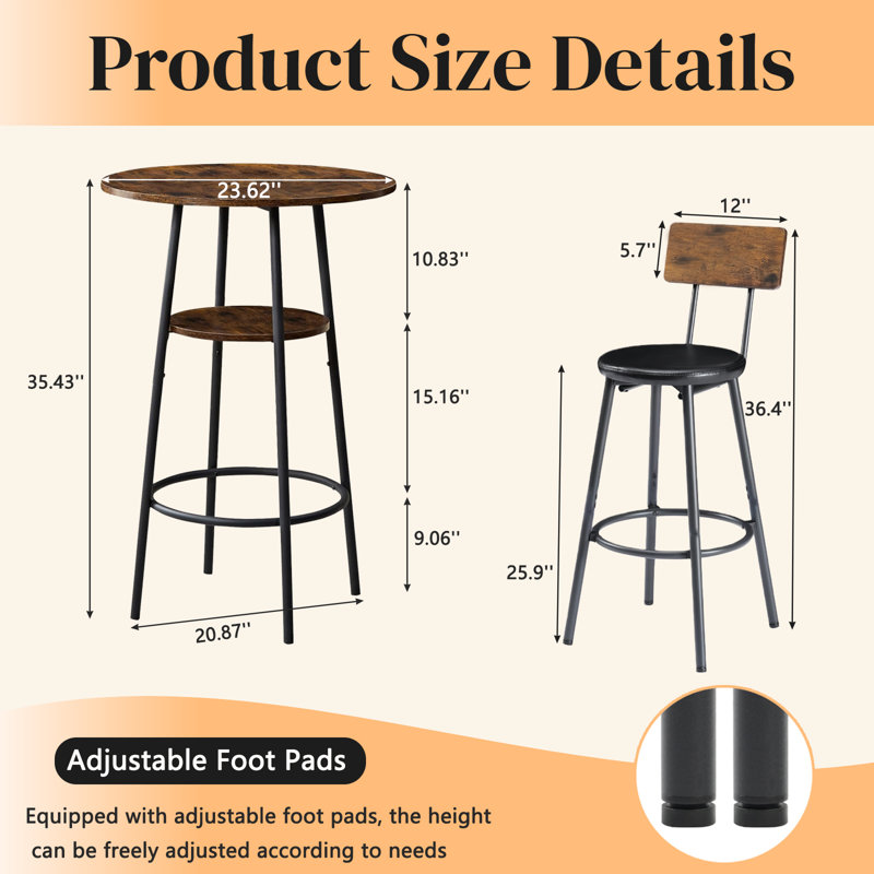 Ensemble de salle à manger à hauteur de bar 3 pièces pour 3 personnes, petite table de cuisine avec rangement à 2 niveaux et 2 tabourets en polyuréthane brun rustique | Idée de cadeau