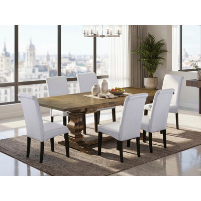 7 Piece Kitchen Table Set Consist of a Rectangle Dining Table with Removable Leaf and 6 Grey Linen Fabric Parsons Dining Chairs, Jacobean