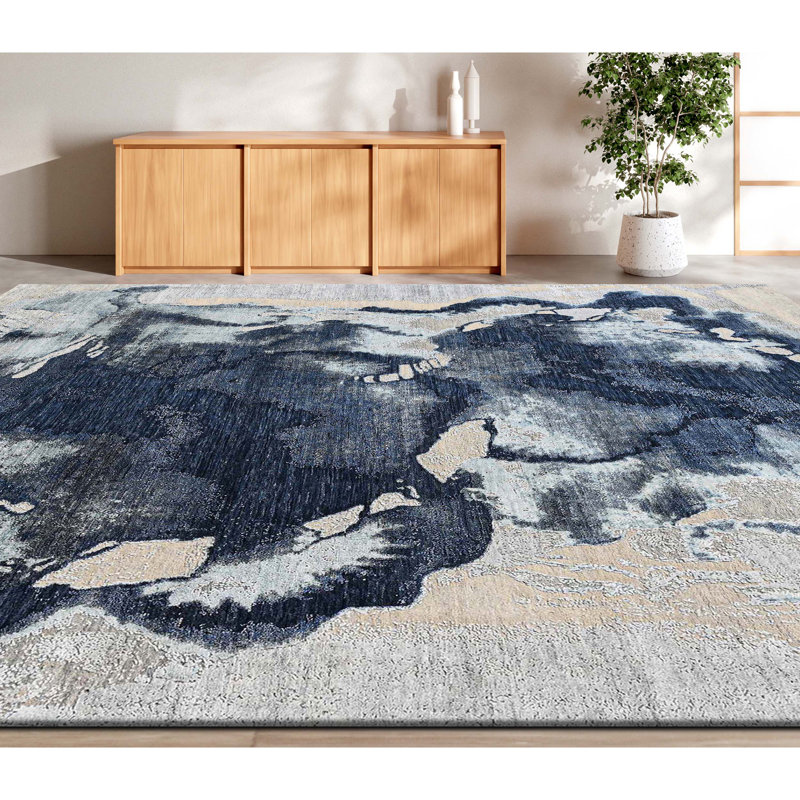 Tapis de grande qualitÃ©, nouÃ© Ã  la main, dans les tons ivoire et bleu, Rectangle 6 pi x 9 pi