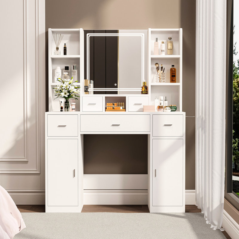 Coiffeuse pour chambre à coucher avec surface de rangement facile à utiliser, Blanc