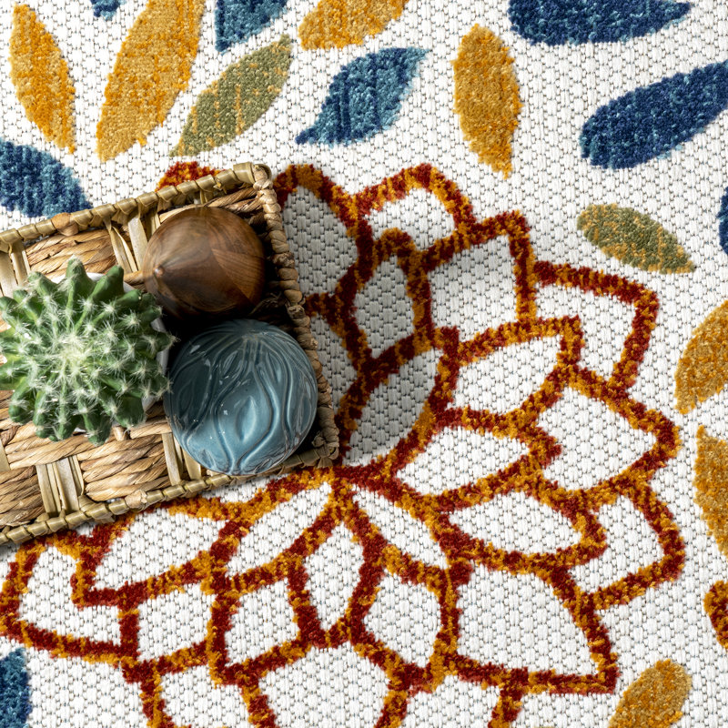 Weyland Floral Power Loom Blue/Orange Indoor/Outdoor Patio Rug, Rectangle 8'10" x 12'