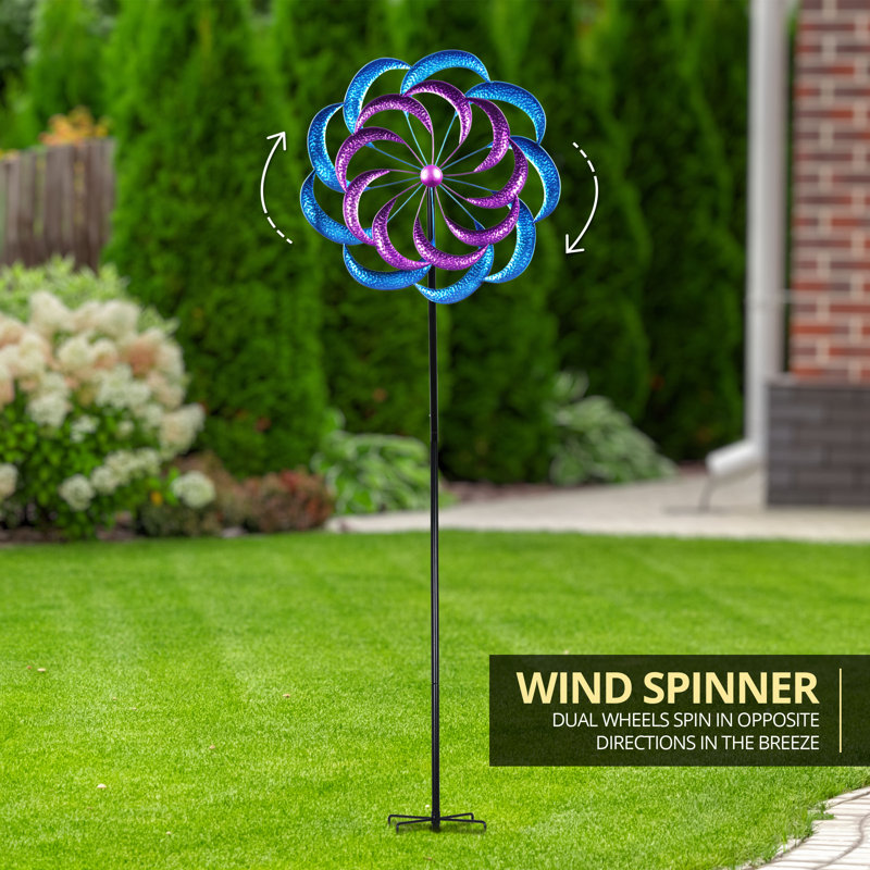 Large Purple and Blue Metal Double Kinetic Garden Spinner Stake