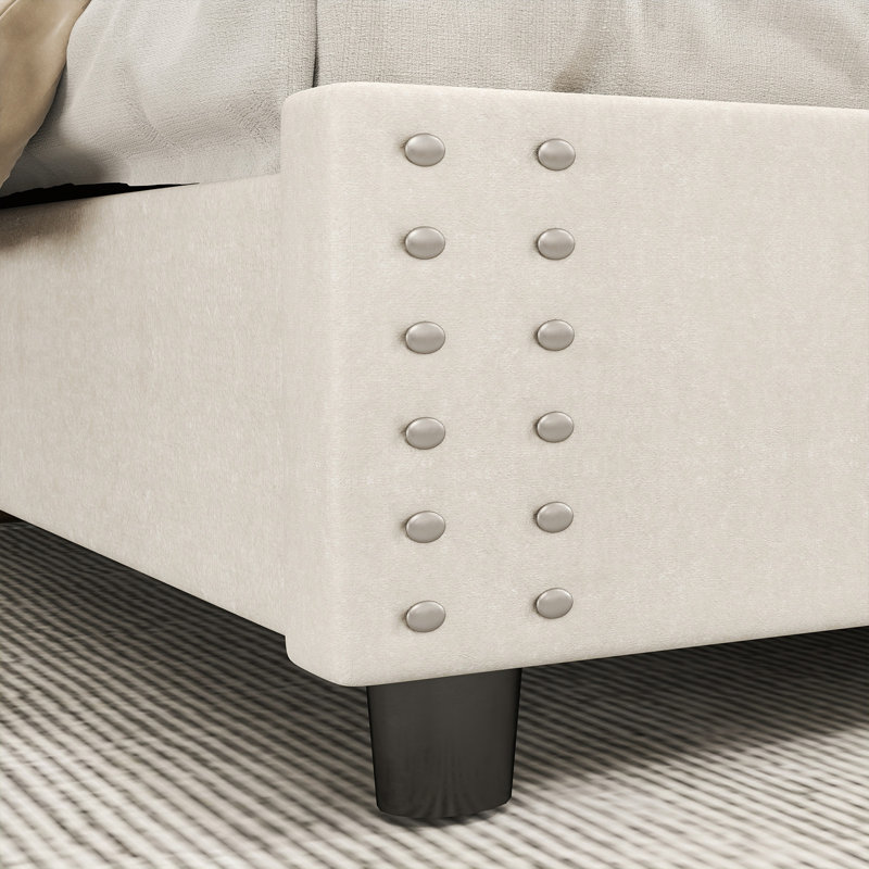 Lit plateforme double capitonné avec 4 tiroirs de rangement, sans sommier tapissier, Beige, Lit double