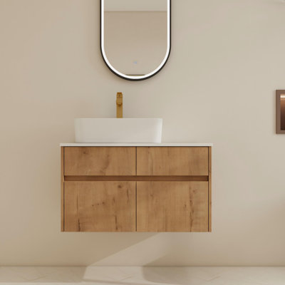 Ensemble de meuble-lavabo mural simple 32 "avec lavabo en céramique, meuble-lavabo flottant avec 2 portes et 1 tiroir
