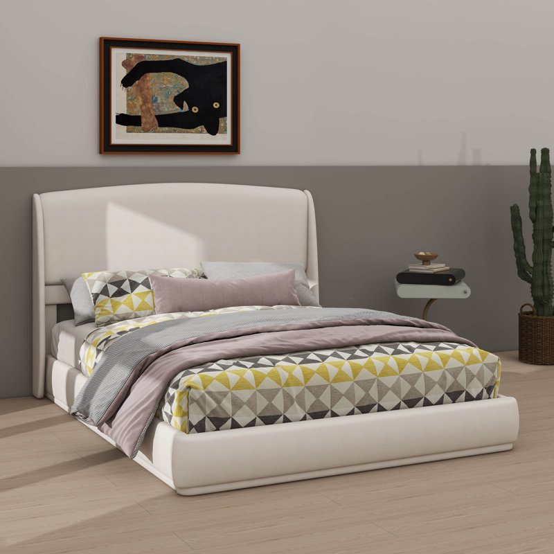 Structure de grand lit avec tête de lit tapissier à oreilles, plateforme à profil bas, Beige