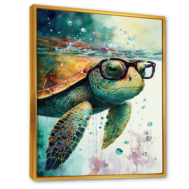 Tortue avec des lunettes dans l'océan II - tortue, art mural, H 32 po x l 16 po, Cadre flottant doré
