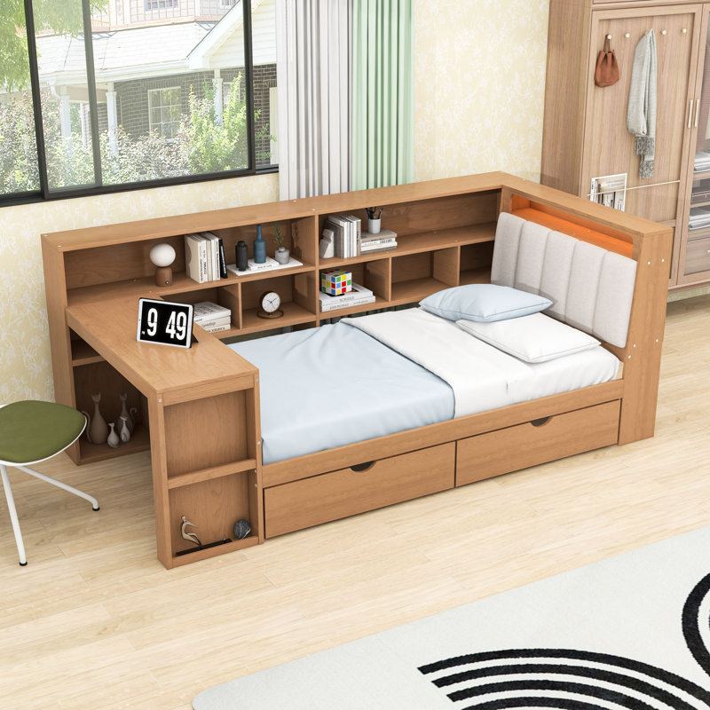 Lit de jour en bois 2 tiroirs avec bureau, tablettes, bibliothèque et lumière RVB, Lit simple, Dérive en mer