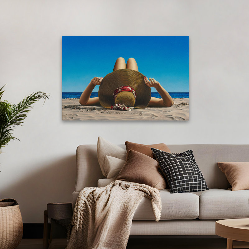 Sunhat - Étude de plage figurative, chapeaux, océan, été, bleu marine, art rouge indigo, H 32 po x l 48 po