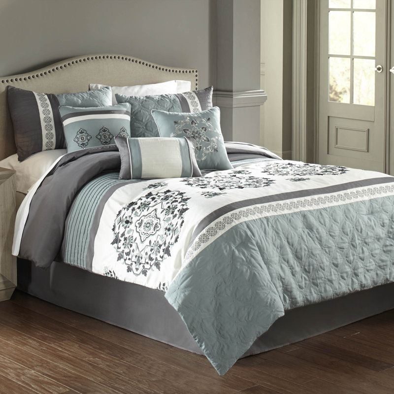 Alex Blue and Gray Queen Comforter Set with Embroidery
