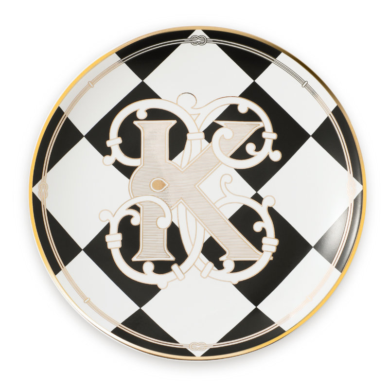 Ensemble de 1 plateau à bijoux 5,25 pouces à carreaux noirs monogrammés «K»