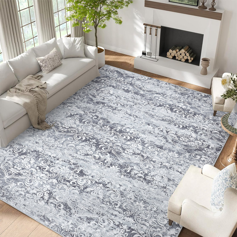 Floral Machine Washable Rug with Rubber Backing for Living Room Large Non-Slip Dining Room Rug Easy-Cleaning Floor Carpet for Bedroom Office Nursery Playroom
