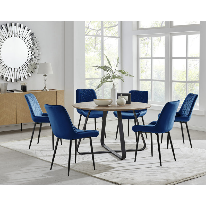 Sandy Classic Wood Effect & Metal Dining Table Set with 6 Luxury Velvet Dining Chairs, Navy/Black