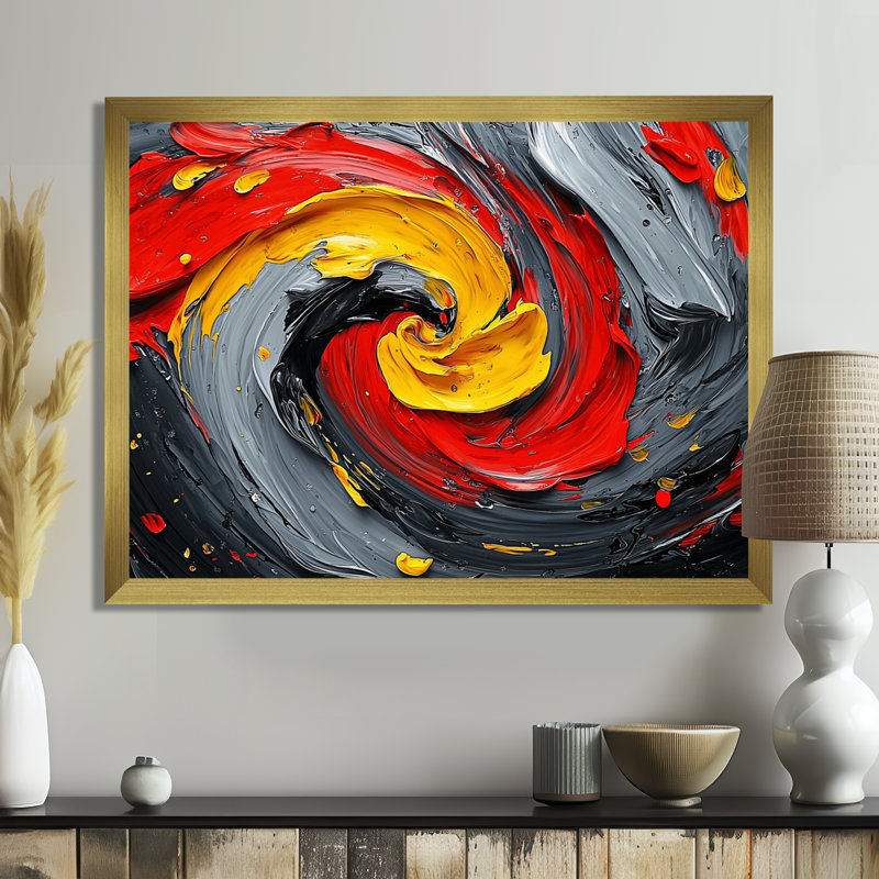 Abstrait volcanique émotif «I» - Art abstrait abstraite, H 30 po x l 40 po, Cadre flottant, Doré