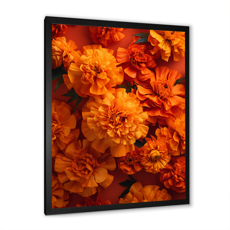 " Orange Marigolds Memory Unveiled ", 20" H x 12" W x 1" D, Black Single Picture Framed