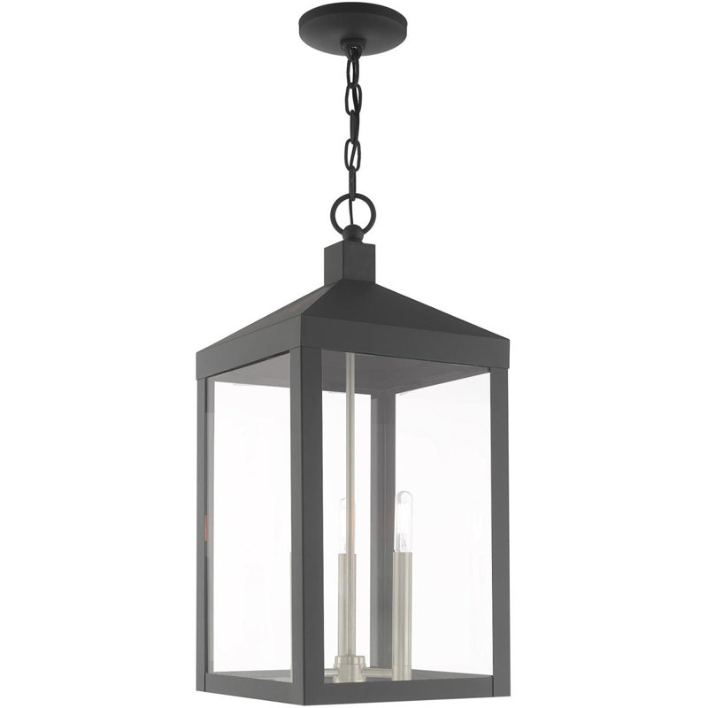 3 Light Outdoor Pendant Lantern with Clear Glass Shade, Scandinavian Gray/Nickel, 24" H x 10.5" W x 10.5" D