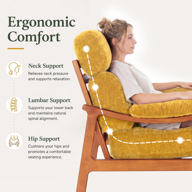 Mid-Century Accent Chair With Solid Wood Frame And Removable Cushions, Yellow