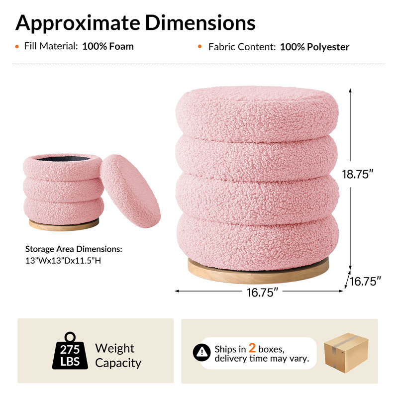 Rosa Modern Storage 360°Swivel Round Ottoman With Solid Wood Base, Pink