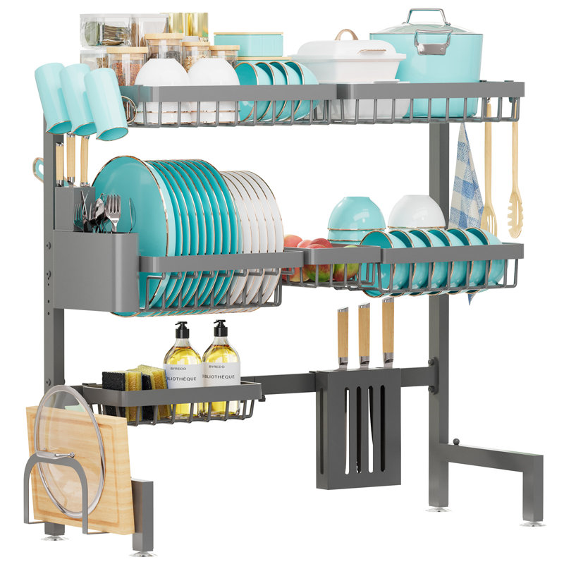 Over The Sink Dish Drying Rack - Adjustable 3 Tier XX-Large Capacity Stainless Steel Drainer with Cutlery & Utensil Holders, Kitchen Storage & Organization, 31.5"-39.5"L x 12"W x 30.5"H, Gray