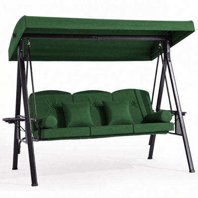 Balancelle de patio 3 places avec auvent réglable, dossier inclinable à 3 positions et lit de balançoire convertible - Coussins épais, coussins et porte-gobelets, VERT