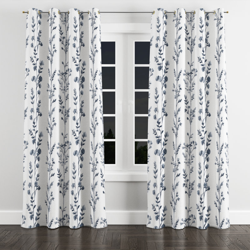 Country Farmhouse Room Darkening Curtains - Blue Botanical Toile Grommet Curtain - 1 Panel, Gold Grommets, 52" W x 84" L