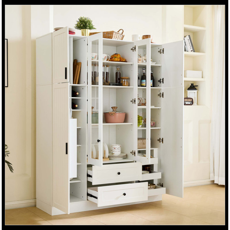 [Vidéo d'assemblage disponible] Grand garde-manger moderne avec 6 portes, armoire de rangement de 53,2 po x l 17,7 po avec tiroirs, tablettes réglables, plateaux coulissants et support à vin pour la salle à manger, blanc