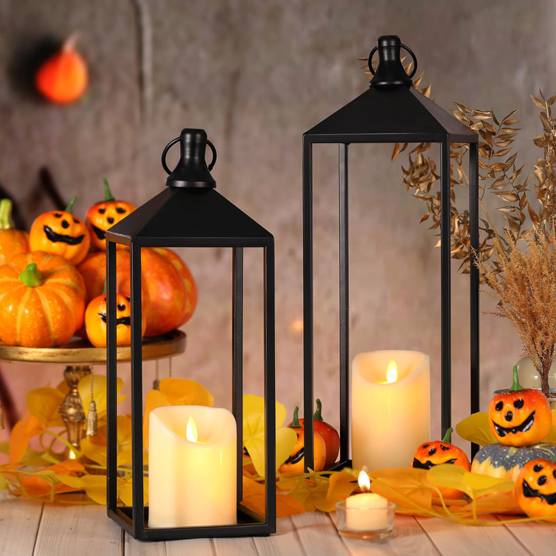 Lanterns Decorative Outdoor Indoor, Set Of 2 Black Vintage Lantern With LED Pillar Candle, Modern Farmhouse Lantern Decor For Room, Christmas Lanterns Decorative For Porch, Garden