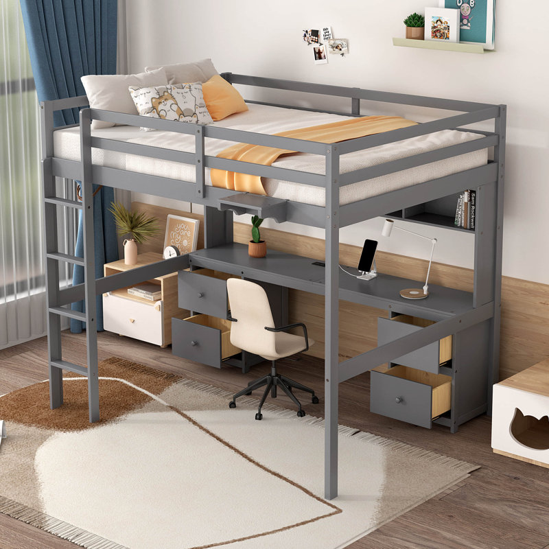 Briona Kids Full Loft Bed With Desk, Gray