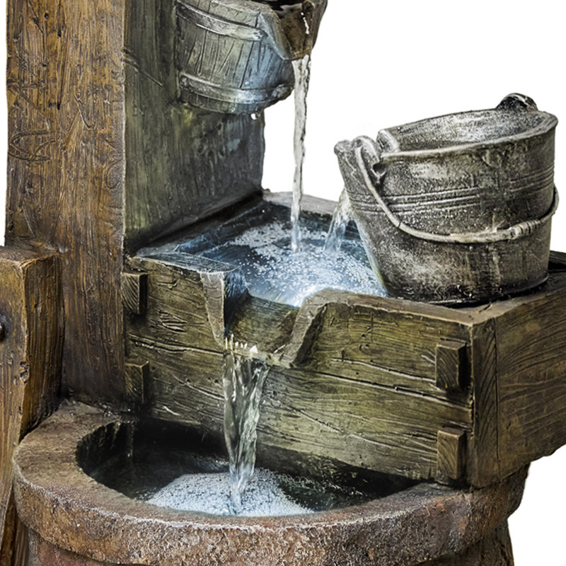 Traditional Style Tiered Wood And Iron Bucket Fountain With LED Lights For Garden, Patio, Or Couryard Decor
