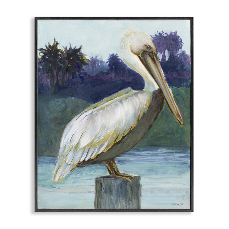 Pélican tropical perché, estampe numérique par Stellar Design Studio, Giclée encadrée noir minuit, H 20 po x l 16 po