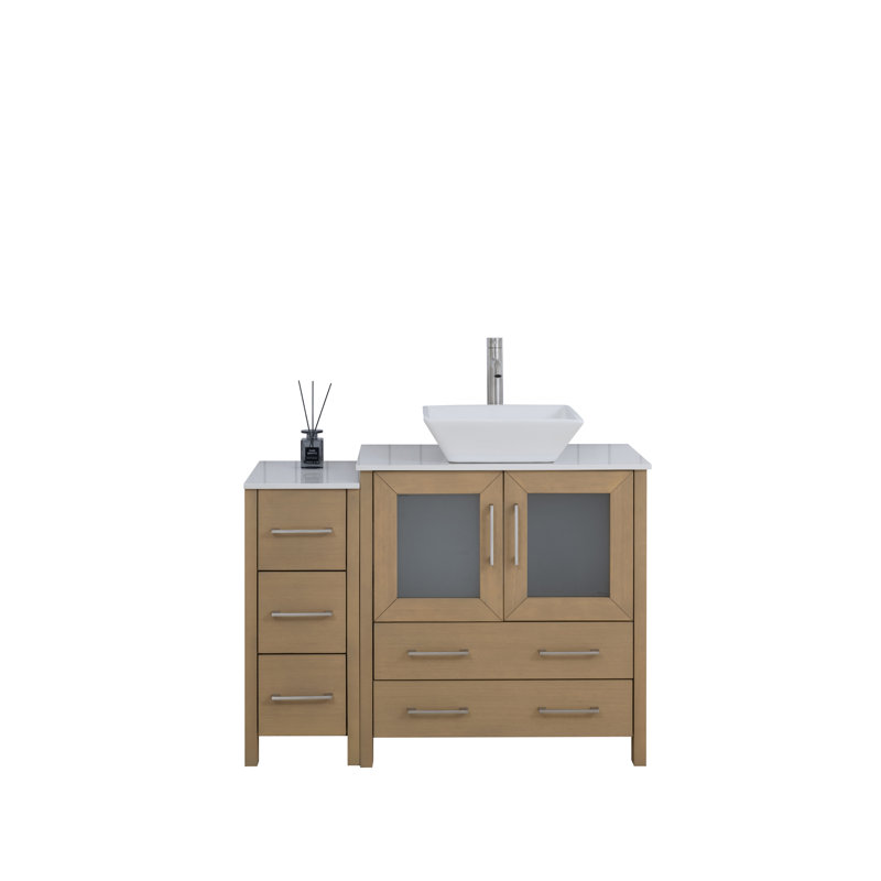 Ensemble de meuble-lavabo sur pied simple 42 po avec dessus en marbre et miroir assortis Ravenna, Chêne naturel