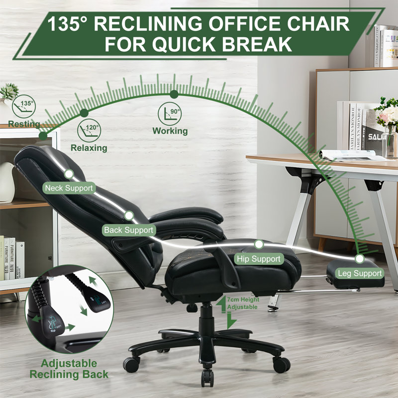 200KG Heavy Duty High Back Executive Chair Ergonomic Computer Desk Chair with Adjustable Lumbar Support, Black, Faux Leather