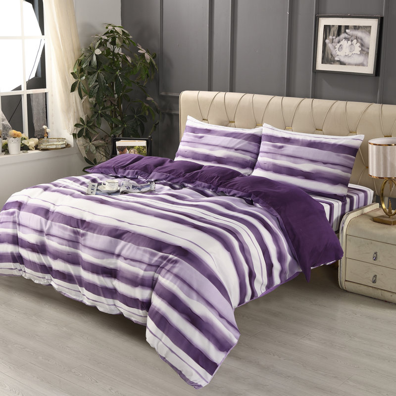 Bliss Complete Bedding Set Purple Stripe Duvet Cover Fitted Sheet With Matching Pillow Case