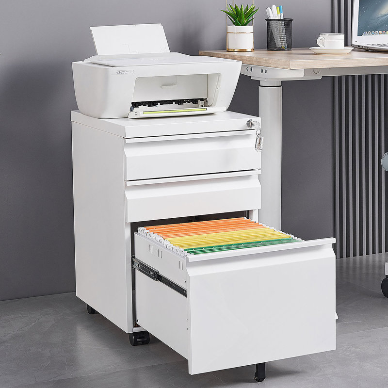 Classeur de bureau, classeur mobile à 3 tiroirs avec serrure, Blanc