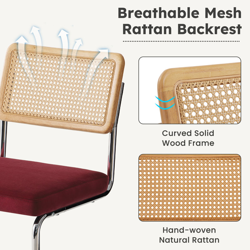 PU Leather Bar Stools With Woven Rattan Back And Metal Legs 1-Pack, Red Seat/Silver Frame