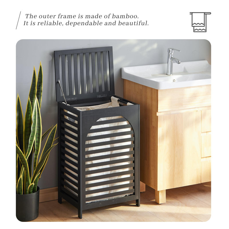 Laundry Hamper With Lid,Bamboo Large Waterproof Clothes Laundry Basket,Removable Washing Bags With Handles,Clothes Basket (Black)