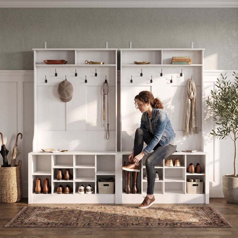 Bettymae 78.8” Wide Hall Tree with Hooks, Bench & Shoe Storage, White