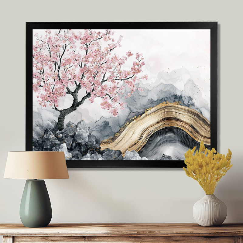 Marbre cerisiers en fleurs, poésie des pétales II - art mural cerisier en fleurs, H 30 po x l 40 po, Cadre flottant, Noir