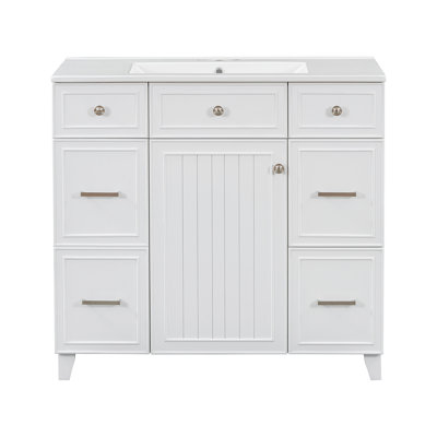 Modern Bathroom Storage Vanity With Elegant Ceramic Sink And Multiple Storage