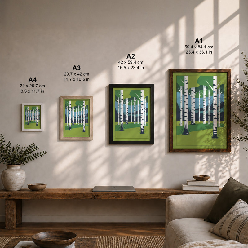 Birch Forest Mid-Century - Framed Print, A3 - 42.0 x 29.7 cm, Walnut